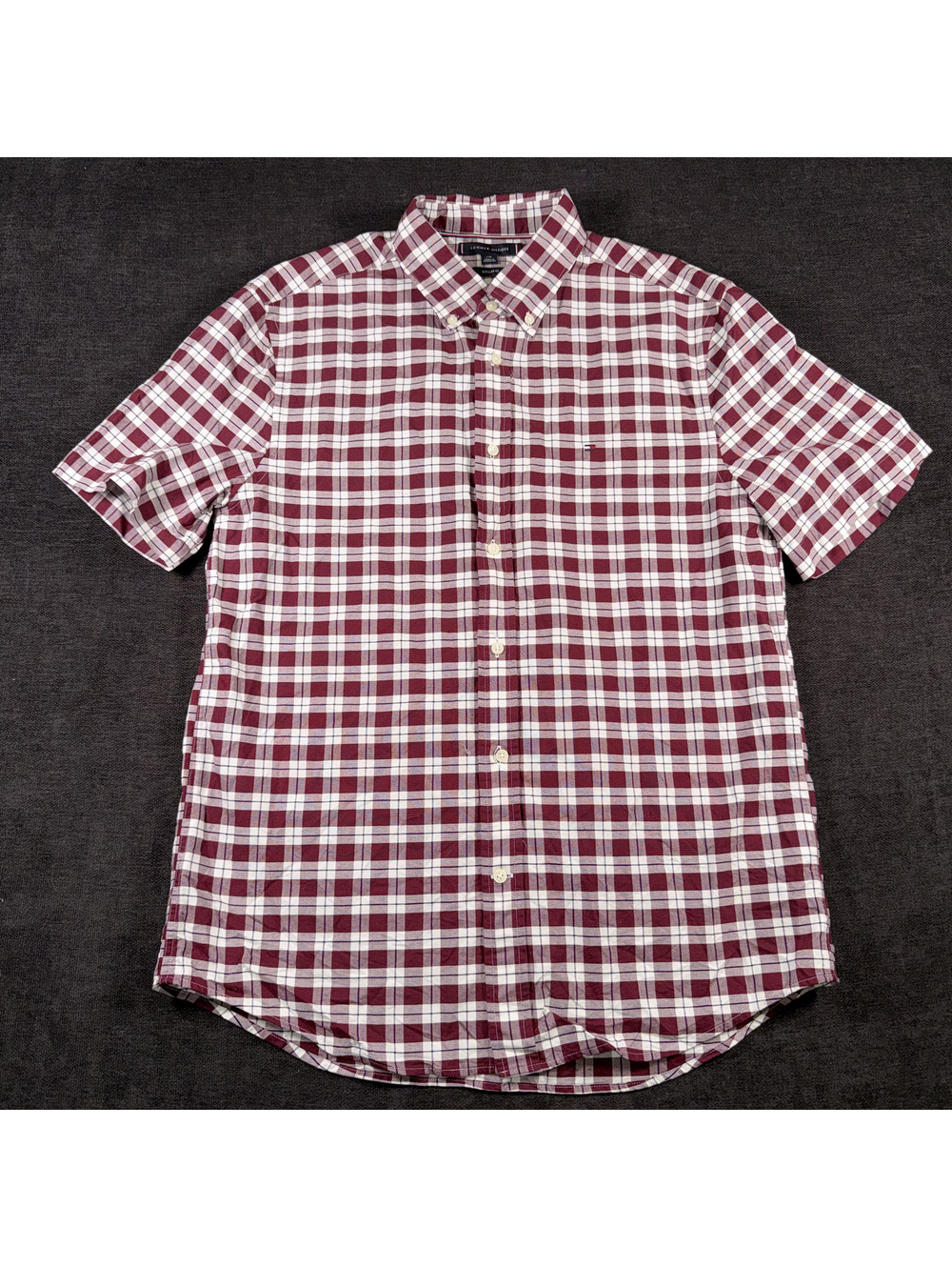 Tommy Hilfiger Men's Regular Fit Short Sleeve Button-Down Shirt - Burgundy Plaid